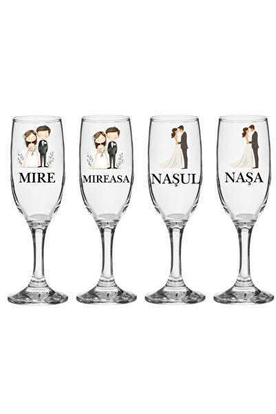 OEM Set de pahare de nuntă, 4 piese, mire și mireasă și părinți, cadou special