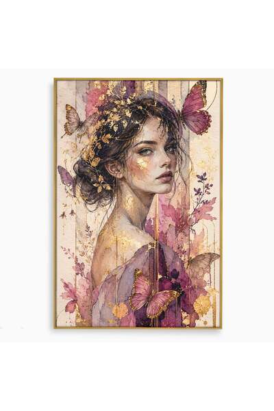 Luxcanva Tablou Canvas Femeie Cu Fluturi 80x120 cm cu Rama Auriu Senzualitate...