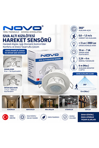 No-vo NOVO Sıva Altı Kızılötesi Hareket Sensörü 360° Ayarlanabilir PIR Tavan ...