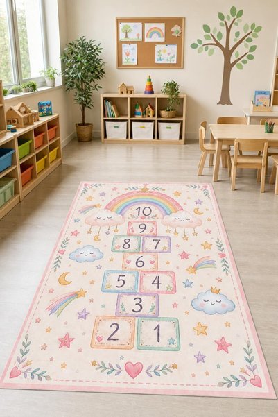 Viva Home Çok Renkli Sayı Temalı Seksek Desenli Çocuk Halısı VH325