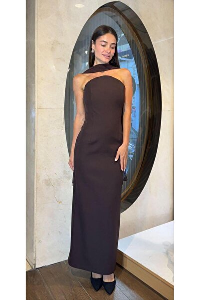 SpringStore Kahve Straplez Krep Abiye