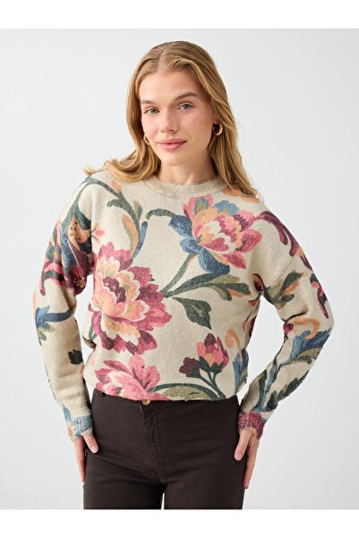 Jimmy Key Ecru Floral Patterned Crew Neck Knit Sweater