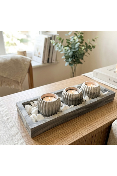 wogu home Modern Minimalist 3'lü Beton Mumluk ve Sehpa Üstü Dekoratif Tepsi S...