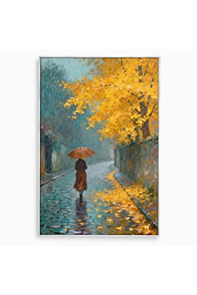 Luxcanva Tablou Canvas Plimbare In Ploaie 40x60 cm cu Rama Argintiu Femeie Um...