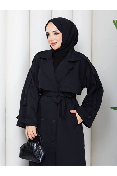 REMA BUTİK Women's Oversize Button Belt and Slit Detail Pelerine Detail Mid-Length Trench Coat