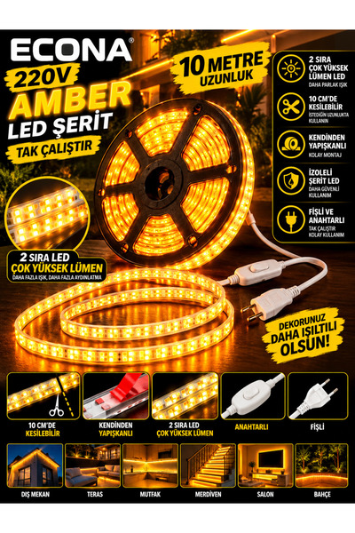 ECONA 10 METRE AMBER 220V LED Şerit ,Tak Çalıştır Set, Fişli Anahtarlı Esnek ...