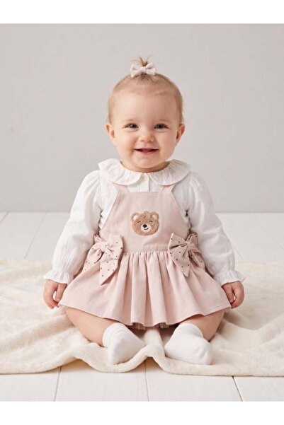 Zekids Baby Girl Teddy Bear Embroidered Bow Salopet Dress and Shirt Set