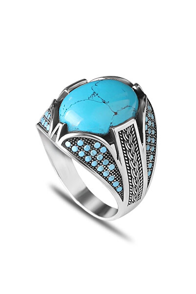 Mirari Jewelry Firuze Taşlı Örgü Motifli Erkek Yüzük | Premium 0,40 Mikron Ka...