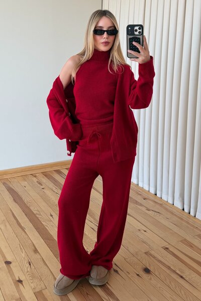 Laluvia Red Turtleneck Buttoned 3-Piece Knitwear Set - 1430