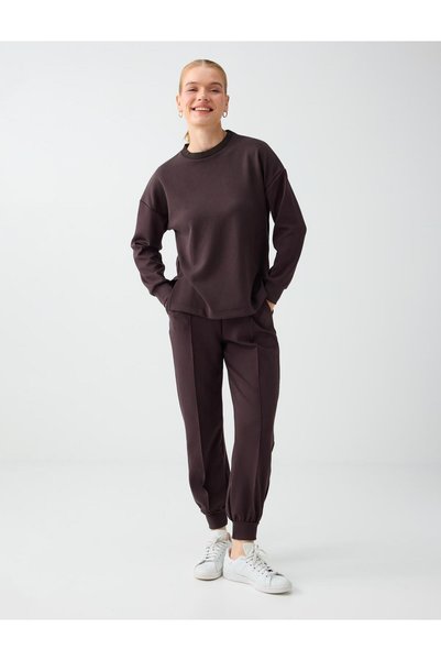 Jimmy Key Pantaloni jogger maro închis, cu talie înaltă, croială îngustă și buzunare