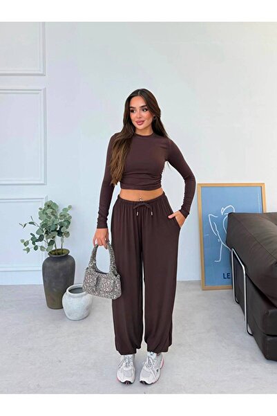 khar Bel Drape Detay Bluz ve Paça Lastikli Viskon Kumaş İkili Takım