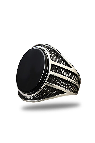 Mirari Jewelry Oniks Taşlı Oval Kesim Çizgi Detaylı Modern Erkek Yüzük | Prem...