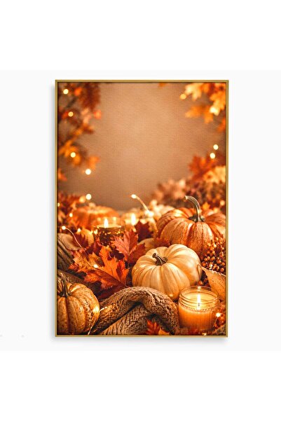 Luxcanva Tablou Canvas Toamna Cocheta 50x70 cm cu Rama Auriu Lumini Dovleci F...