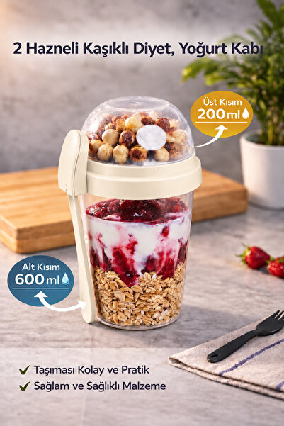 GENCHOME HOMEWARE Yoğurt Granola Müsli Kabı 2 Hazneli Kaşıklı 200 ml + 600 ml...