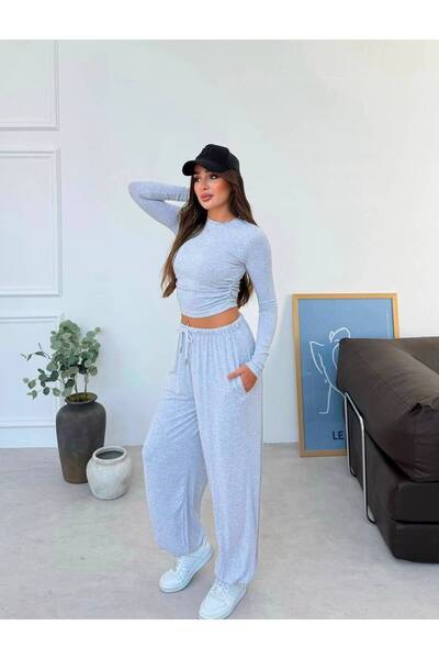 khar Bel Drape Detay Bluz ve Paça Lastikli Viskon Kumaş İkili Takım