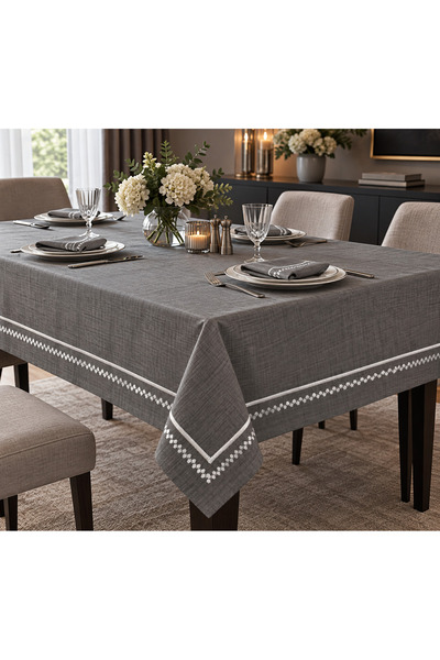 Zeren Home Anthracite Seamless Tablecloth with Silver Embroidery and Pico Det...