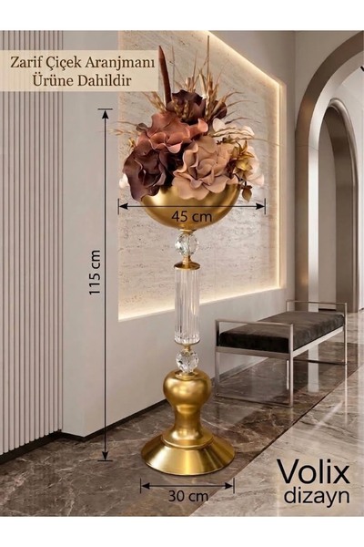 voliX Dizayn Gold Lüks Dekoratif Ayaklı Vazo Çiçeklik Büyük Boy Salon Antre D...