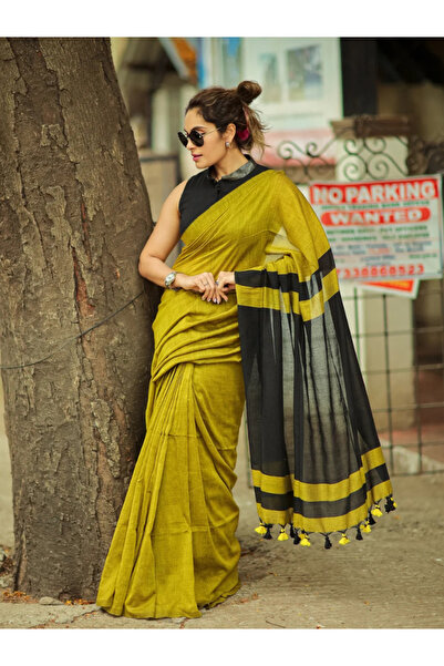 MYSMAR Mustard Yellow Lilan Cotton Saree with Black Sleeveless Blouse - KTS99...