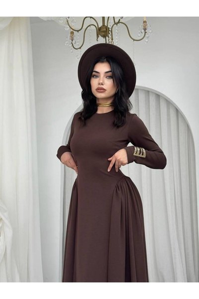 khar Modal Fabric Long Sleeve Waist Fitted Flared Midi Women's Dress