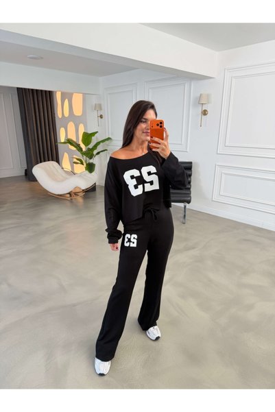 Elif Özbey Butik Siyah Baskılı Kayık Yaka Takım