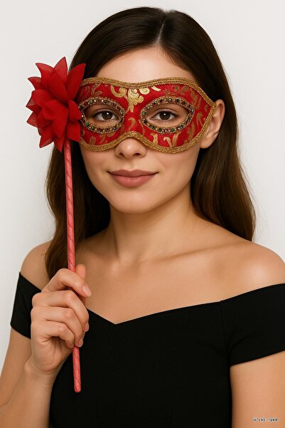 ZERO LAND Ilkestor Luxury Masked Ball Mask with Stone Handle Red Color (17540...