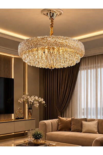 Led YENİ MODEL 60 CM KRİSTAL LÜX SALON AVİZE GOLD RENK İTHAL KASA