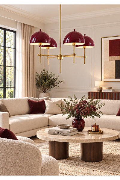 burenze Gallice Avize Dörtlü Salon Avizesi Eskitme Gold ve Bordo Vişne Abajur E-27 Duy