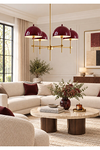 burenze Gallice Avize Dörtlü Salon Avizesi Eskitme Gold ve Bordo Vişne Abajur E-27 Duy