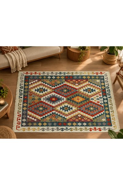 Safir Kilim Safir Şönil Çift Taraflı Etnik Desenli Kilim – Renkli Özel Tasarı...