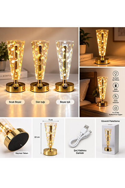 AVENRA Şarjlı 3 Renk Işıklı Dekoratif Masa Lambası Gold – Gece Lambası