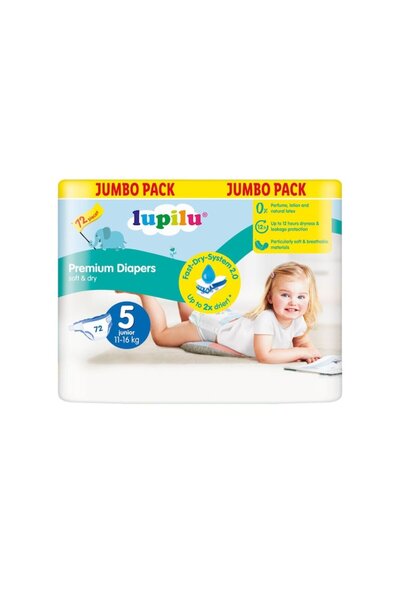 lupilu Scutece Jumbo Pack, 11-16 kg, Mărimea 5, Moi și uscate, 72 bucăți