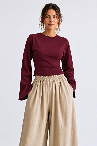 COMBİNE MİCHAİL Women's Slim Fit Knitted Crew Neck Burgundy Blouse