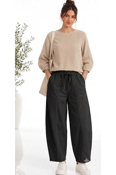 QUAWEAR Beli Lastikli Bağcıklı Yanları Cepli Gabardin Kumaş Şalvar Pantolon