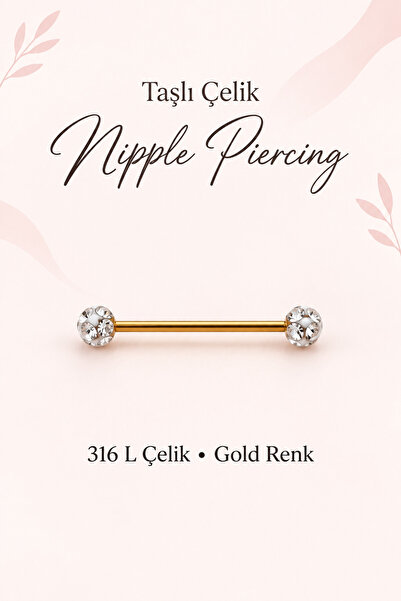 Sacce Scarves&Accessories 316L Çelik Kristal Taşlı Nipple ve Dil Piercing 16 mm Barbell