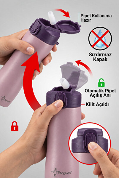 Penguen 750 ml Çelik Su Matarası Sporcu Matarası Çocuk Pipetli Çelik Suluk Sızdırmaz SUS304 BPA Free