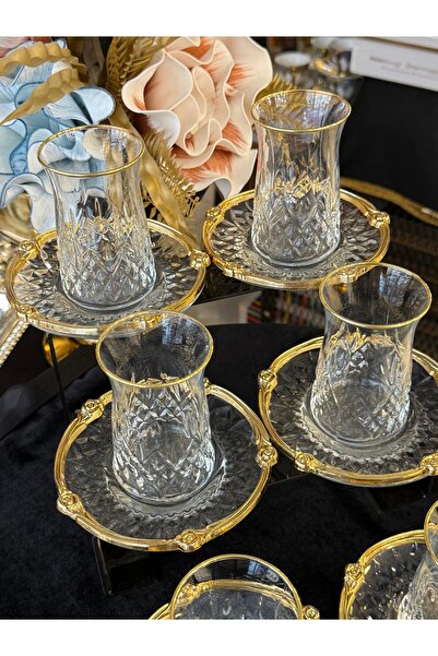 LOKMAN ZÜCCACİYE SHOWROOM 12 Piece Tea Set for 6 People with Crystal Glass an...
