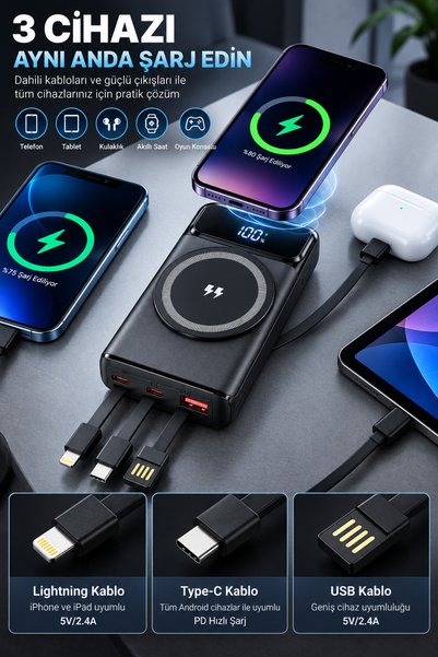 Aırstorr 20.000 mAh Güç PowerBank, 22.5W HIZLI ŞARJ-KABLOSUZ Magsafe ŞARJ