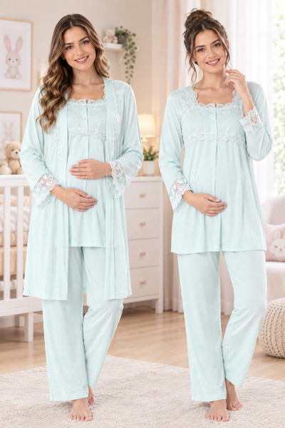 by İGP Maternity Long Sleeve Adjustable Waist Pajama Set with Dressing Gown