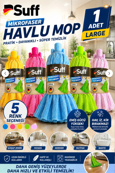 Suff (1 Adet) %100 Komşu Çıldırtan MOP Mikrofiber Büyük Boy Havlu Mop Large (...