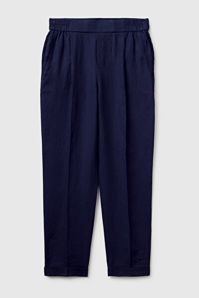 United Colors of Benetton Women's Navy Blue 100% Linen Elastic Waist Trousers