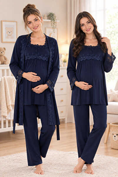 by İGP Maternity Long Sleeve Adjustable Waist Pajama Set with Dressing Gown
