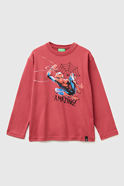 United Colors of Benetton Boy's Burgundy Spiderman Printed Logo Spray Effect ...