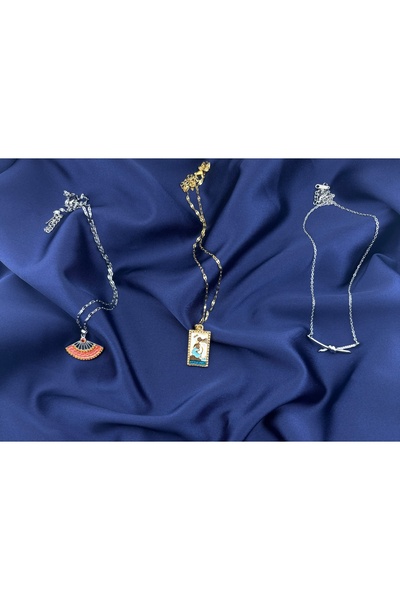 Jewerly Lunorya Çelik Üçlü Kolye Kombini - Yelpaze, Deniz Kızı Tarot Kartı ve...