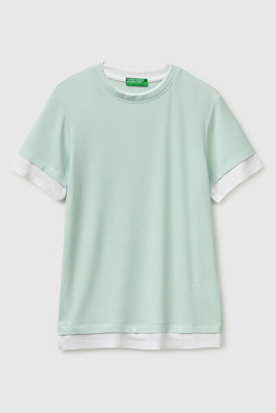 United Colors of Benetton Women's Water Green Viscose Blended Ribbed Contrast...