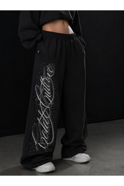 BALİNA Siyah Angel Taşlı Baggy Premium Unisex Eşofman Altı
