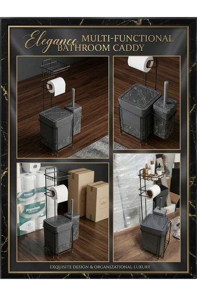 Stilevim Gri Mermer Lüks Silver Telli 2'li Kare WC Kağıtlığı WC Fırçalığı Çöp...
