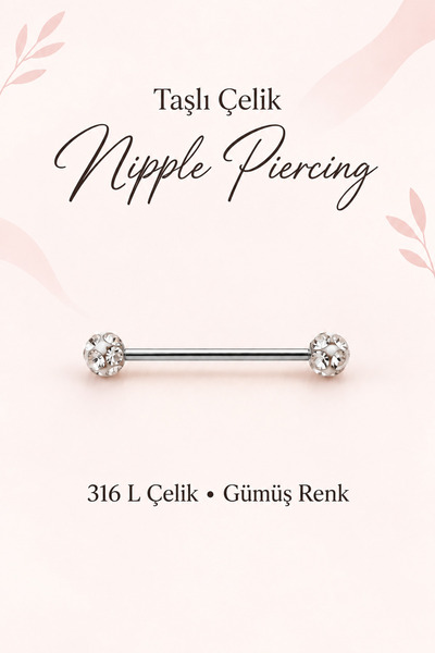 Sacce Scarves&Accessories 316L Çelik Kristal Taşlı Nipple ve Dil Piercing 16 mm Barbell