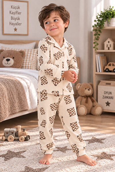 SERPİL Boys' Pajama Set Teddy Bear Patterned Long Sleeve Shirt Collar 2-Piece...