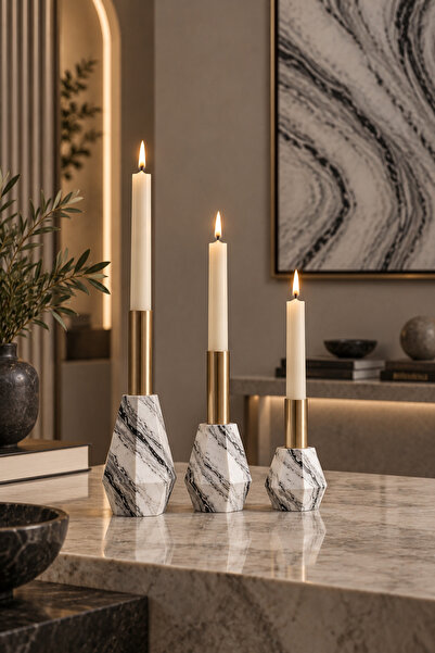 betonmall 3'lü Dekoratif Beton Geometrik Mumluk Şamdan