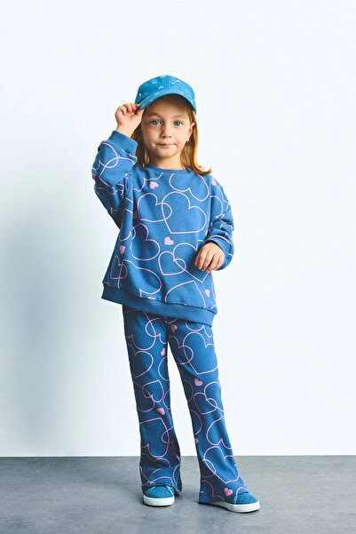 DeFacto I3663A5BE341 Mavi Kalp Desenli Bisiklet Yaka Sweatshirt Esnek Belli İ...